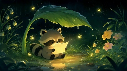 雨夜看书的可爱小浣熊