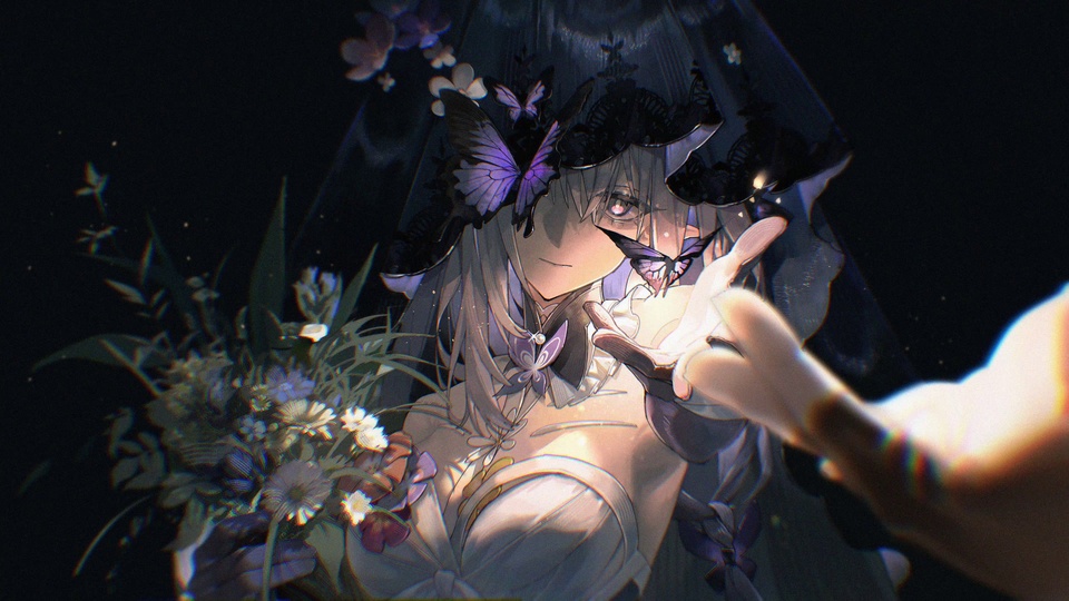 暗调二次元少女，黑蕾丝头纱，紫蝶停驻花丛与指尖