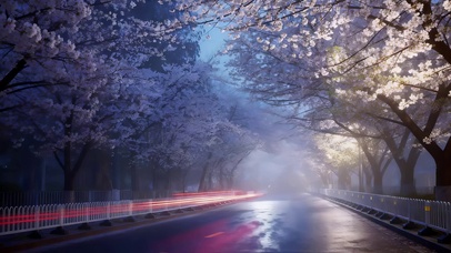 夜晚城市湖边樱花