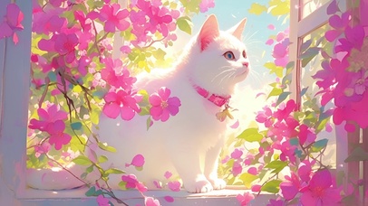 窗边繁花小猫