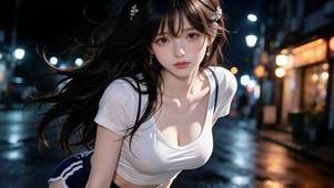 夜色雨后街景轮滑少女