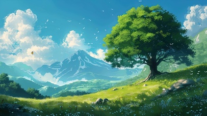 护眼蓝天白云树木草地绿景