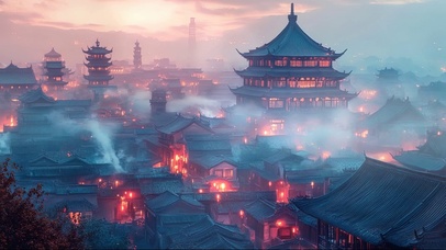 古镇朦胧傍晚建筑风景