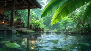 雨落幽林小院水畔