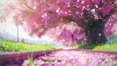 春天铁轨旁的花树壁纸