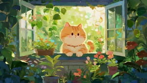 窗台边猫咪赏花