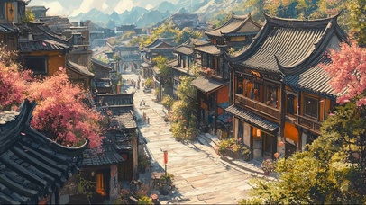 远眺唯美古风小镇街景