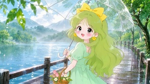 可爱女孩湖畔雨景