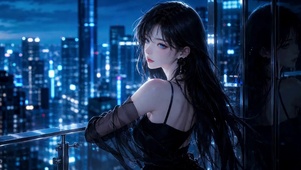 都市夜景清冷黑裙美少女