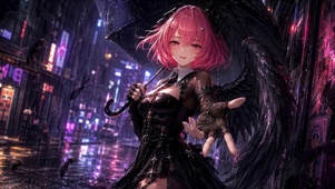 赛博雨夜粉发黑翼二次元美少女