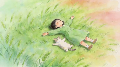 草甸上女孩和她的猫