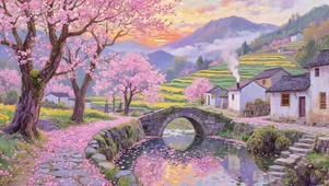 樱花树木河流