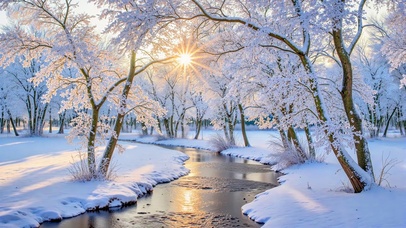 雪天暖阳溪流雾凇