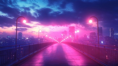粉色晚霞城市天桥