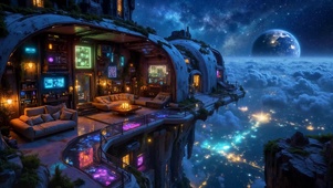 科幻夜晚小屋