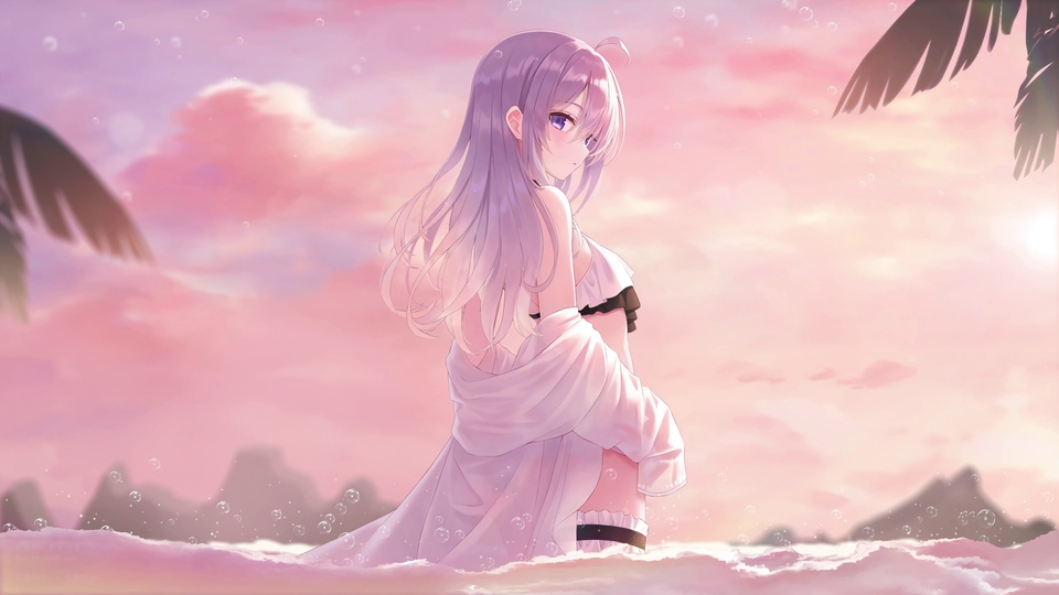 紫发少女立于粉霞浅海之中，四周漂浮透亮气泡，背景是暖调渐变云霞。