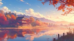 秋日园林湖畔