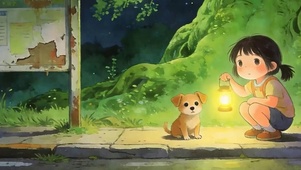 夜景女孩与萌宠狗带鱼屏