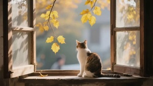 窗边的猫咪和秋叶