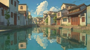 清透蓝天夏日古城河流