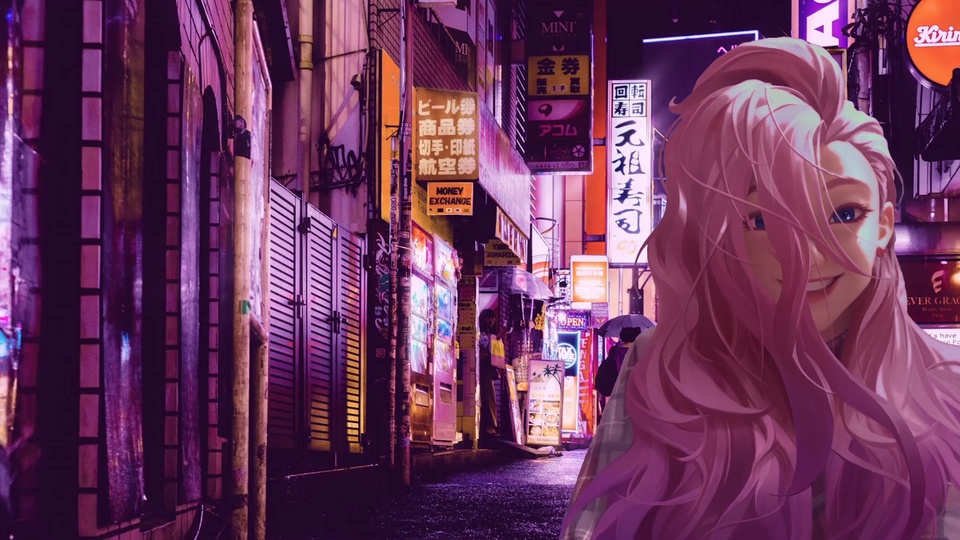 紫粉色霓虹雨巷中侧身微笑的粉长发动漫少女
