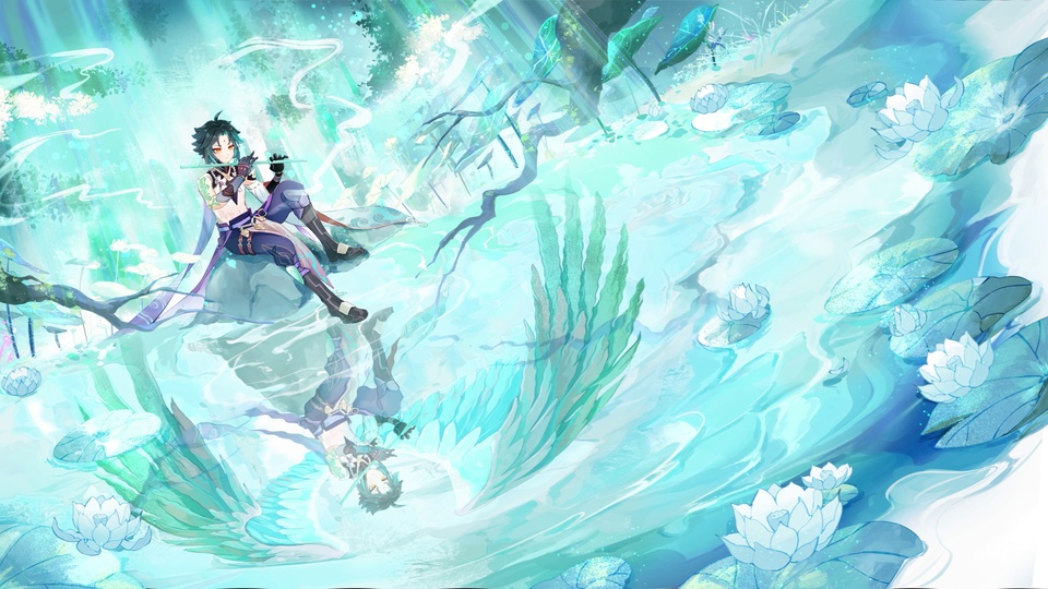 二次元国风插画，额间带红纹的魈坐于林间水畔吹横笛，周围环绕清透泛着波纹的青蓝水面，点缀白荷与荷叶，斜向柔和光束洒落，整体为浅蓝白青配色。