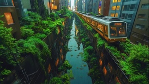 城市河流傍晚快速列车