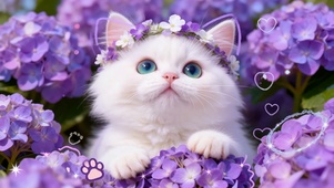 萌宠花丛小白猫