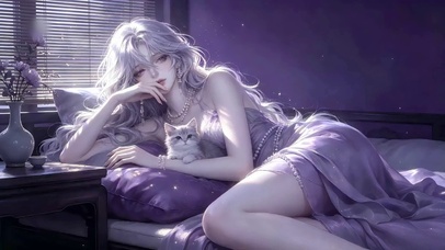月夜窗边慵懒的抱猫少女