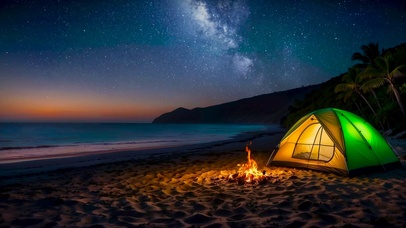 夜晚海边篝火露营