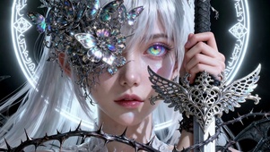 金属质感圣剑白发少女的七彩瞳孔