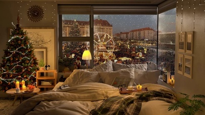 唯美雪天都市夜景房间