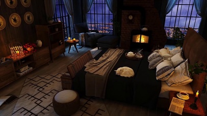 舒适的卧室和放松的雨声