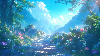 日出阳光鲜花登山小径