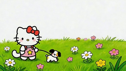 Kitty 草地遛小狗