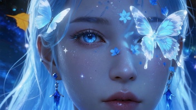 蓝色氛围感蝴蝶古风女孩眼睛特写