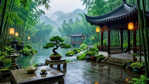 园林竹林雨景
