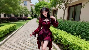 别墅草坪旁跳舞的红色纱衣少女