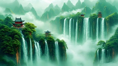 护眼绿色国风山水瀑布