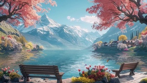 湖边樱花树