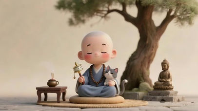 怀抱小猫咪诵经的小和尚