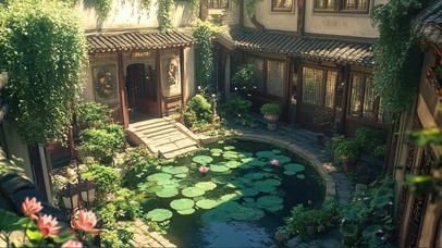 午后绿色庭院荷花池塘