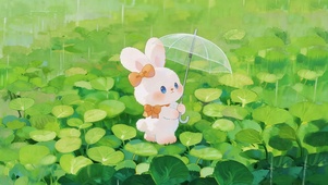 雨中撑伞萌兔