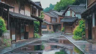 雨中静谧山林小镇街道