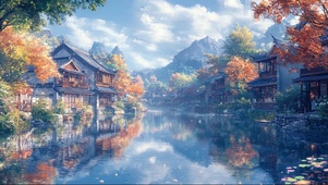 秋日水乡古城池塘倒影