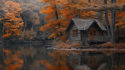 静谧枫林河畔木屋