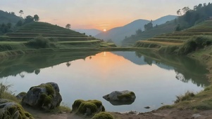落日梯田湖泊
