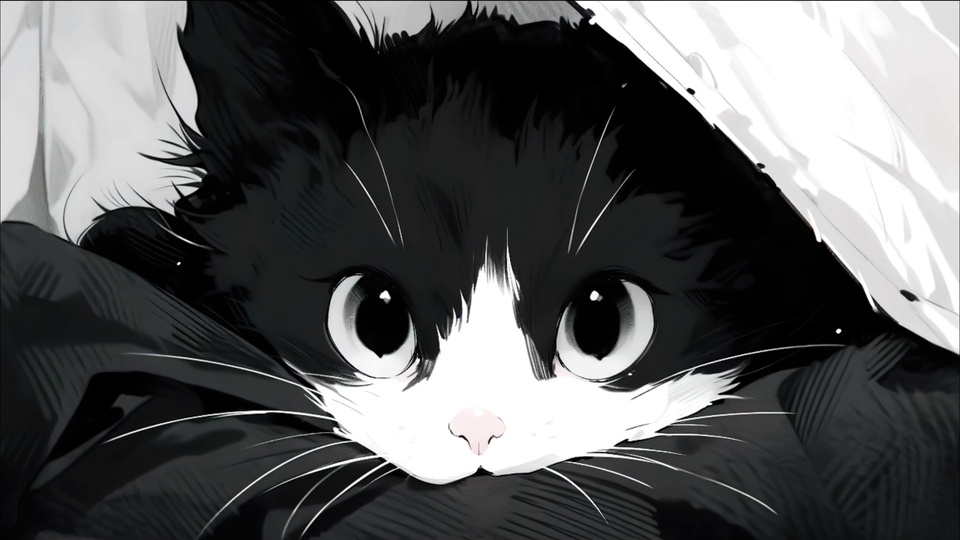 日系插画中，黑白小猫趴在柔软织物上，面部有白色斑块，生着大尺寸带白色区域的圆眼睛，脸颊点缀淡粉色。
