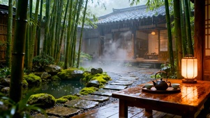 竹林木屋庭院雨景