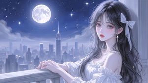 月夜城景静美少女